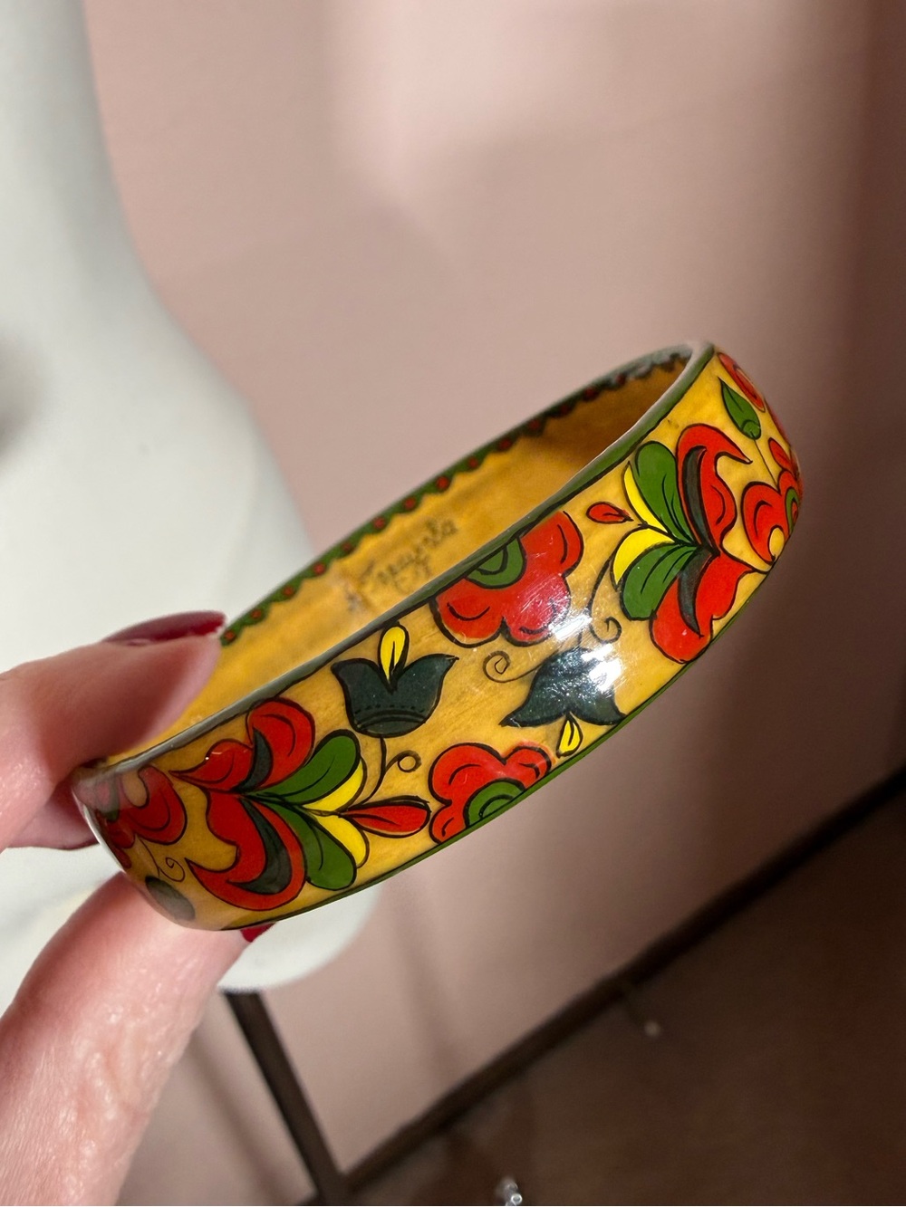 Vintage hand painted Russian lacquer red green wooden bracelet Signed handmade